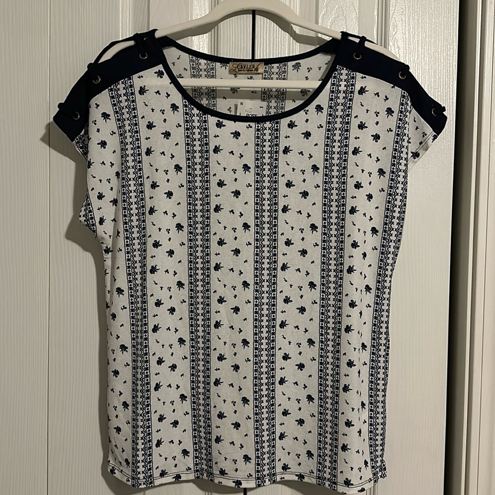 Blue and off white floral top S NWT